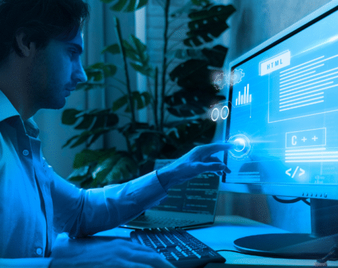 Illustration of person building scalable custom software architecture supporting business growth